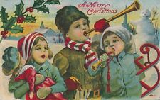 CHRISTMAS - Children Blowing Horns A Merry Christmas Postcard picture