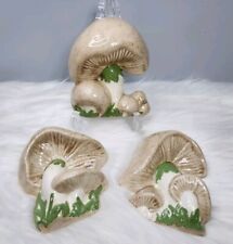 Set Of Three Vintage 1970's Ceramic Mushroom Wall Decor Macrame Beads MCM picture