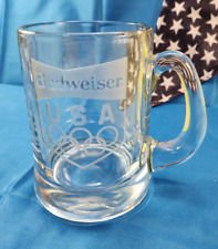 VTG BUDWEISER “USA Olympic” BEER MUG CLEAR GLASS ETCHED Design Exc. Heavy 16oz picture