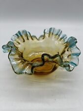 Antique FRENCH Ruffled Crimped Art Glass Dish Ochre With Blue Mint Late 1800’s picture