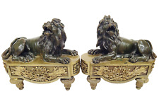 PAIR Monumental FRENCH 19th C Two Tone BRONZE Andiron Figural LION CHENETS picture