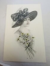 POST CARD OF VICTORIAN WOMAN IN HAT HOLDING DAISEYS #756 picture