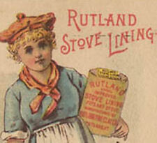 1880's RUTLAND STOVE LINING TRADE CARD PRETTY LADY HOLDING CAN TC253 picture