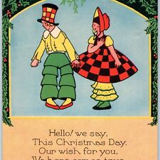 c1930s Cute Dutch Couple Christmas Day Greetings Card Trade Holland Kids Vtg 5A picture
