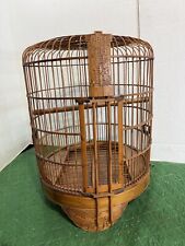 Antique Asian Handmade Bamboo Cane Wood Birdcage Round Carved Birds Hawks picture