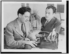 George Kaufman using typewriter,Moss Hart talking,1937,playwrights,outside picture