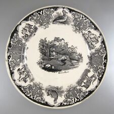 Antique French Sarreguemines Utzschneider Porcelain Plate, Leopard Hunt, ca 1850 picture