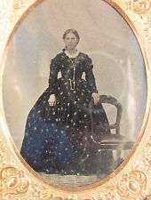Antique Quarter Plate Tin Type Civil War Woman in Hoop Skirt Thermoplastic Frame picture