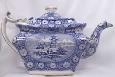 Transferware Teapot Blue & White Oriental Scenes Pagoda Wood & Sons Antique picture