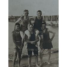Antique RPPC Postcard Ephemera Early 1900s 5 Guys Old School Swimwear Beach Pic picture