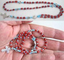 Mini Catholic Rosary Red Coral, Turquoise & Sterling Silver picture