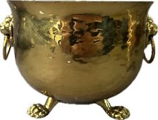 Vintage Hammered Brass Lions Head Footed Jardinière Planter With Rings picture