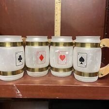 Vintage Siesta Ware Frosted Glass Mugs Wood Handles Set of 4 Aces Cards “Read” picture