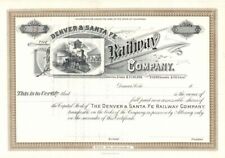 Denver and Santa Fe Railway Co. - circa 1890's Railroad Stock Certificate - Part picture