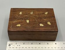 Vtg Hand Carved Jewelry Trinket Box Brass Inlay Leaves & Branch in Shesham Wood picture