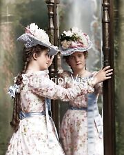  Color Tinted Photo Young Lady Reflected in Mirror Long Braid Hat With Flowers  picture