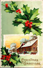 Vintage 1912 Christmas Greetings Cozy Farm Winter Scene Postcard Arcade NY picture
