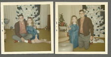 Lot of 2 VTG 1960s Photos CUTE COUPLE POSING IN FRONT OF WHITE XMAS TREE picture