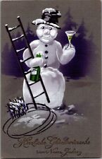 1929 GERMAN New Year Postcard  Snowman Carries Ladder Celebrates with Champagne picture