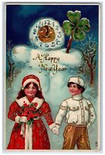 c1910's New Year Girl Boy Anthropomorphic Moon Clock Gel Gold Gilt Postcard picture