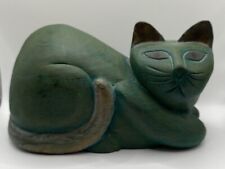 Vintage Large Wooden Resting Cat Figure Greenish Blue APM Company Thialand picture