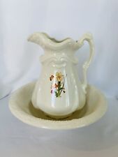 Antique Large Chinese Wash Basin & Pitcher Floral Design Beaded Rim picture