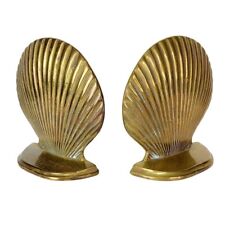 MCM Vintage Gold Ribbed Brass Clamshell Bookends Hollywood Regency picture