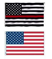 3x5 USA Flag American Flag & USA Red Line Flag Fireman 2 FLAG SET FAST SHIP picture
