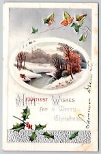 Merry Christmas Winter Antique Embellished Postcard PM Grand Central Sta NY DB picture