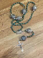 VTG Rosary Genuine Moss Agate Gemstone/Turquoise/Glass Seed Bead SilverTone 16+