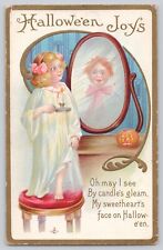 HALLOWEEN JOYS POSTCARD OH MAY I SEE MY SWEETHEART'S FACE ON HALLOWE'EN MIRROR picture