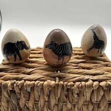 Soapstone Eggs Kenya Hand Crafted Tribal Carved Zebra Giraffe Elephant picture