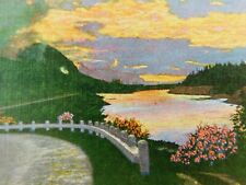 Sunset On Columbia River Scenic Pacific Northwest Linen Vintage Postcard picture
