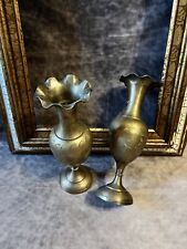 Pair of Vintage Brass Vases with Floral and Leaf Etchings, Made in India Used picture