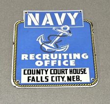 VINTAGE 12” RARE NAVY RECRUITING OFFICE PORCELAIN SIGN CAR GAS OIL TRUCK picture