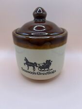 Crock Vintage Stoneware Pottery Small with Lid Seasons Greetings Christmas picture