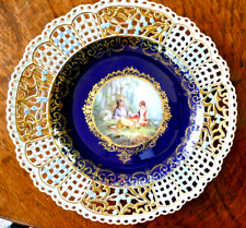 ANTIQUE MEISSEN PORCELAIN COBALT-BLUE GROUND RETICULATED CABINET PLATE picture