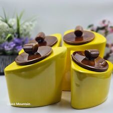 4 Vintage Ceramic Pottery Yellow Whimsical Canister Set With Brown Lids USA picture