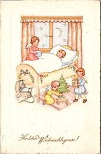 German Christmas Postcard Angel Girls Leaving Gifts for Sleeping Child picture