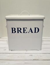 VTG Antique White Metal Kitchen Breadbox Bread Box & Lid Blue Letters Large/Tall picture