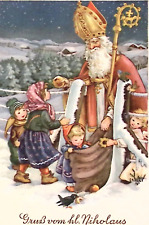 c1948 GERMAN Christmas Postcard St Nikolaus Gold Staff Gives Apples & Toys picture