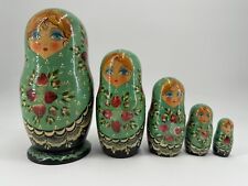 Vintage 7” Russian Nesting  Dolls 5 Pc - Turquoise Beautiful Multicolor picture