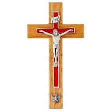 Confirmation Crucifix Red Size 10 in H Beautiful Solid Oak Finish Wood Crucifix picture