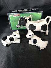 VINTAGE JAN-MOR EARTHENWARE COW PITCHER AND SALT & PEPPER SHAKERS picture