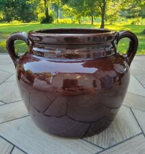 Vintage Brown Glaze Stoneware Crock Bean Pot Made USA Pottery With Handles picture