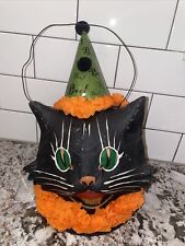 RARE Bethany Lowe HALLOWEEN Paper Mache Sassy Black Cat Green Hat Lantern Bucket picture