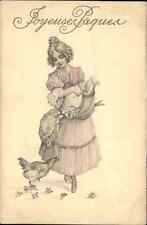 Joyeuses Paques Easter Elegant Victorian Girl with Chicks c1910 Postcard picture
