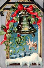 Christmas Postcard Green Bell Church Steeple Cherub Angel Holly Flowers picture