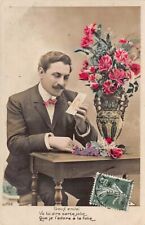 Postcard: Man with Roses, France, 1909, Tinted Photo picture