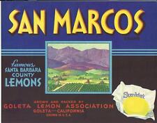 Vintage San Marcos Brand Santa Barbara County Lemons Crate Label Goleta, Ca. picture